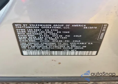 2018 Volkswagen Atlas Sel из США, поврежденный, VIN 1V2MR2CA6JC577427